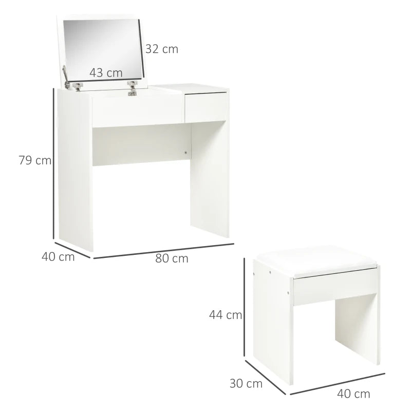 White Makeup Vanity Set with Mirror, Drawer, and Stool