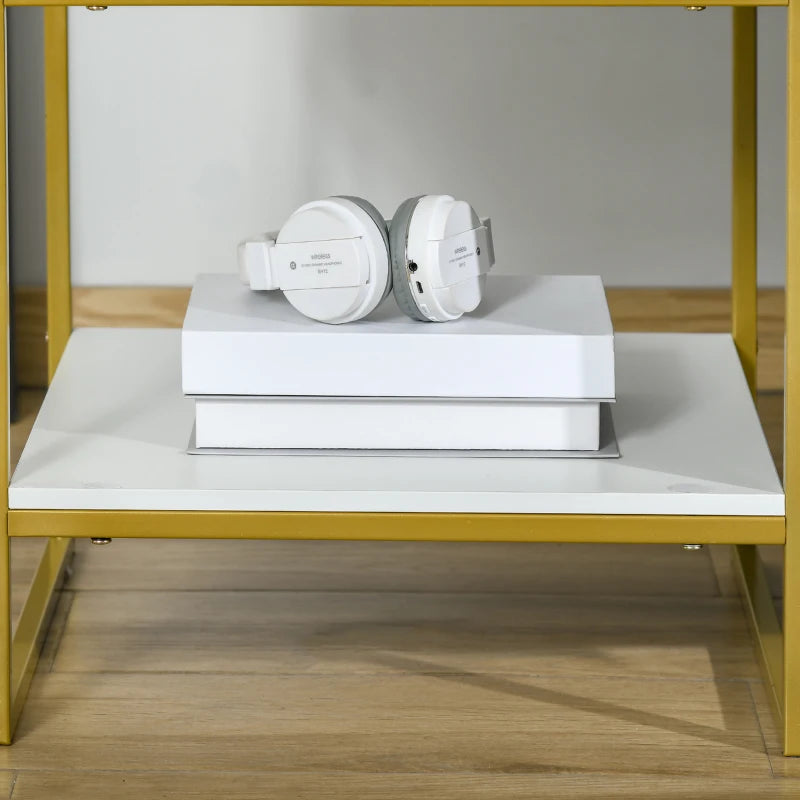 White and Gold Modern Bedside Tables with Drawer Shelf, Set of 2