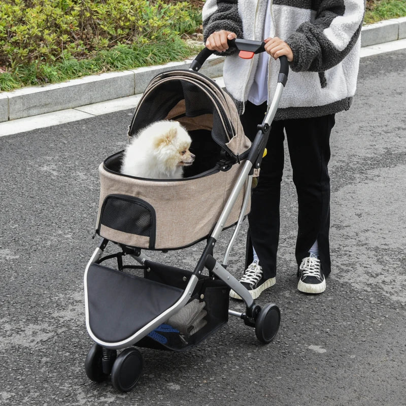 Foldable Light Brown Dog Stroller with Canopy & Storage