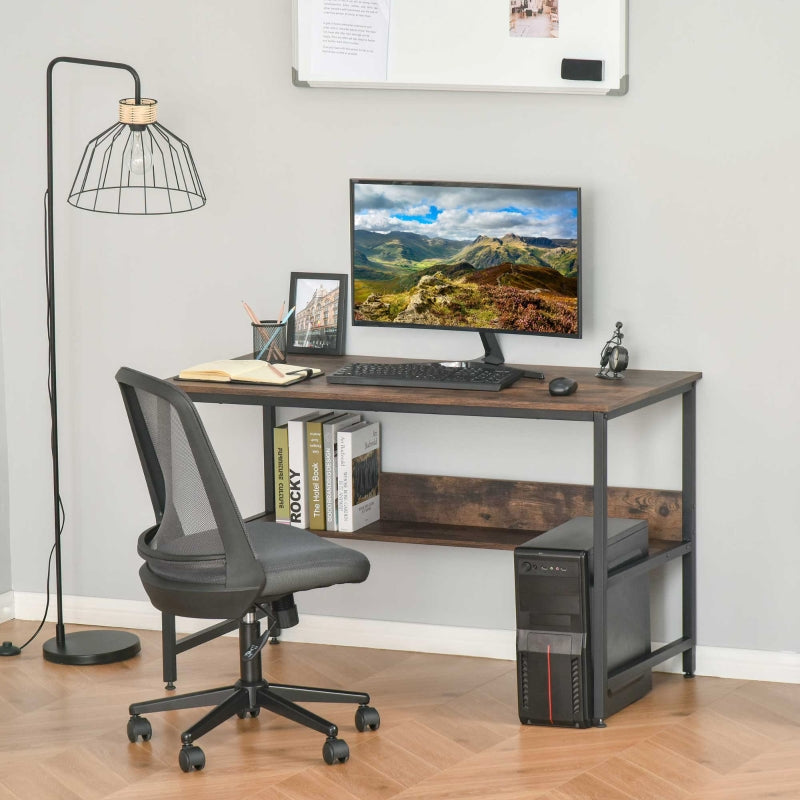 Rustic Brown Computer Desk with Storage Shelf, 120 x 60cm, Metal Frame