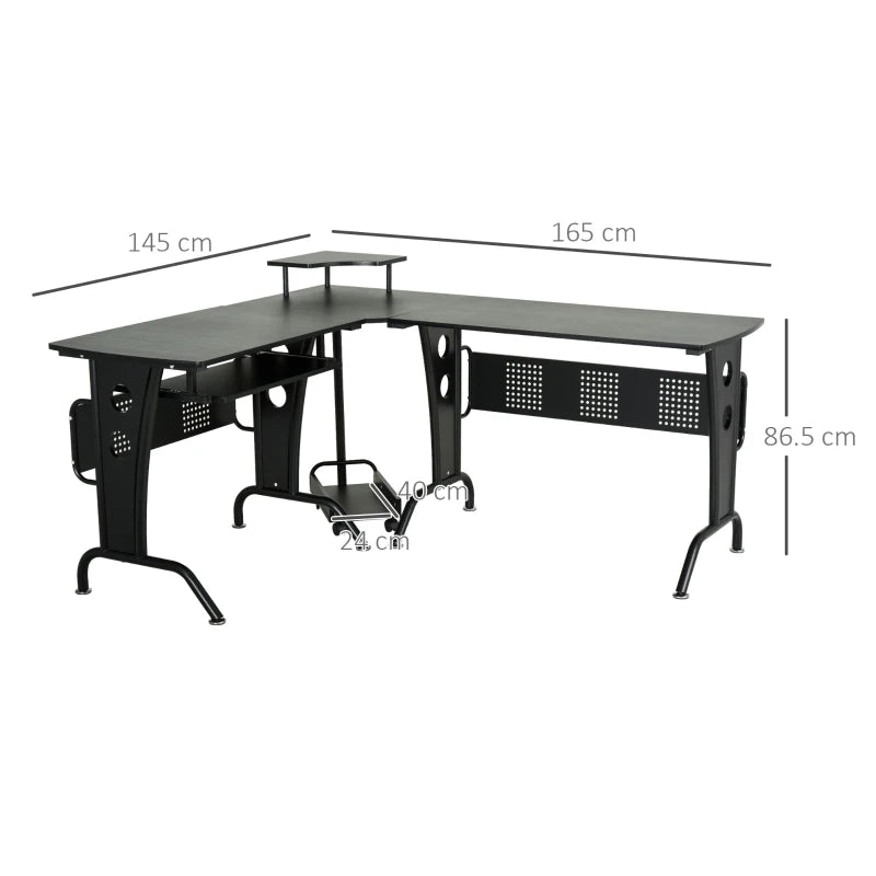 Black L-Shaped Gaming Desk with Steel Frame and CPU Rack