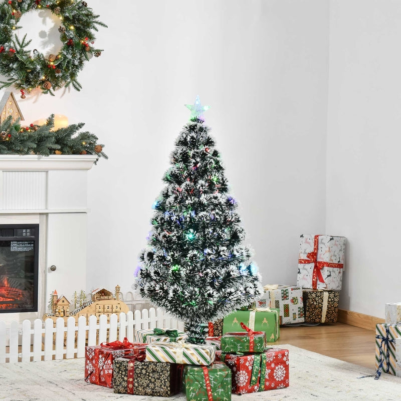 4ft Pre-lit Snow Xmas Tree with Colourful LED Lights, Green & White