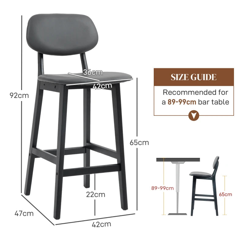 Dark Grey Faux Leather Bar Stools Set of 2 with Backs and Wooden Legs
