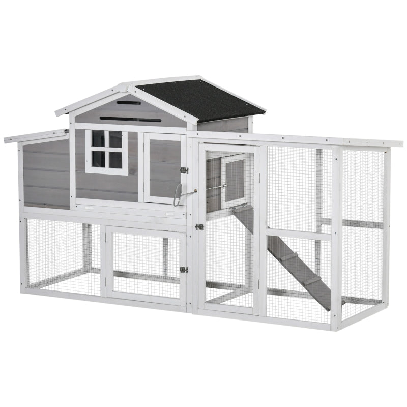 Wooden Chicken Coop with Run and Nesting Box - Outdoor Poultry Cage (Grey) - 193 x 78 x 115cm