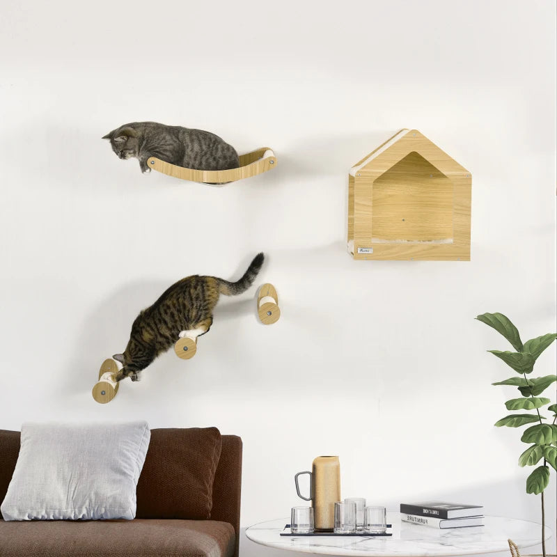 Oak Cat Climbing Shelf Set - 5PCs Wall Mounted Cats Shelves