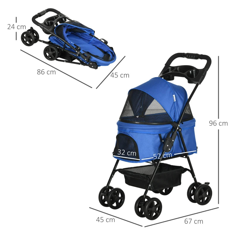 Blue Pet Stroller with Canopy and Storage - Foldable Dog Cat Pushchair