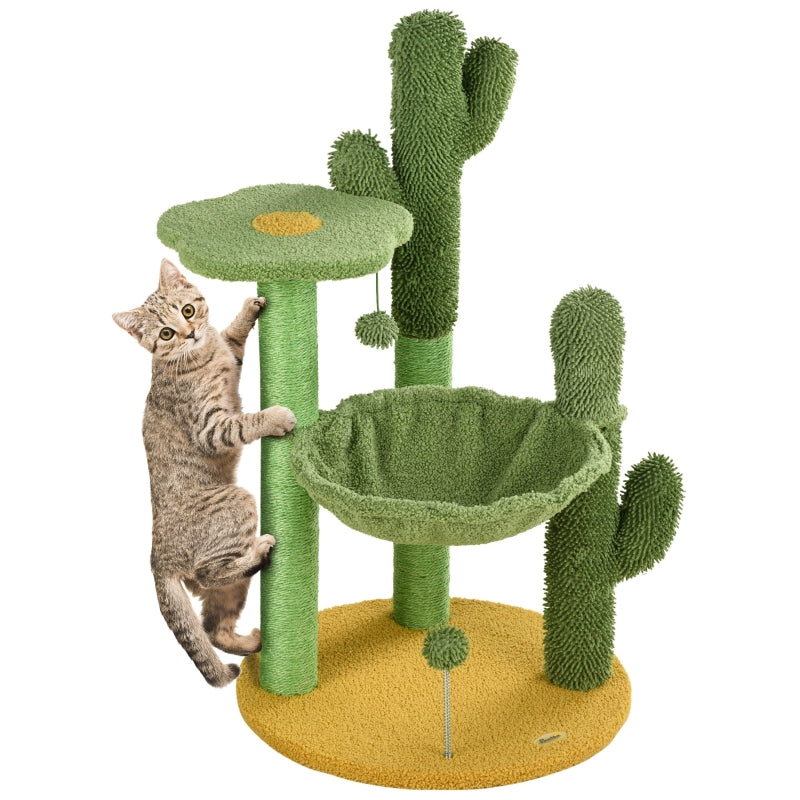 Green Chenille Cactus Cat Tree - 82cm Height with Scratching Post & Hammock