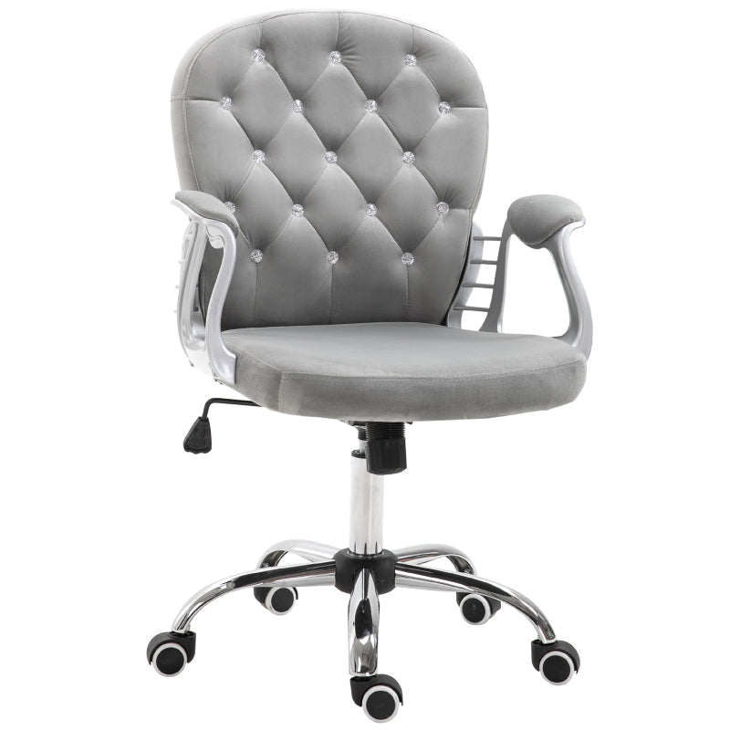 Grey Velvet Swivel Office Chair with Adjustable Height and Wheels