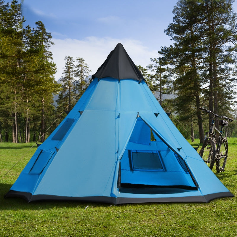 Blue 6-Person Teepee Camping Tent with Mesh Windows and Carry Bag