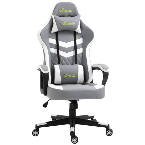 Grey White Gaming Chair with Lumbar Support and Swivel Wheels