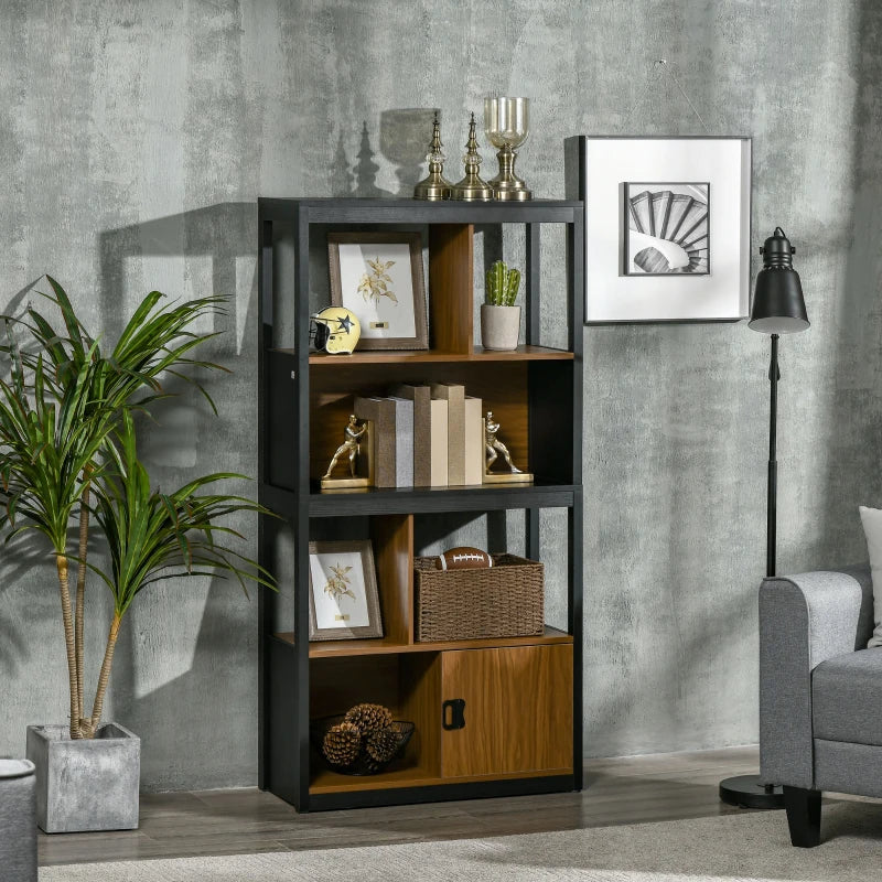 Modern Walnut Brown 4-Tier Bookshelf with Storage Cabinet