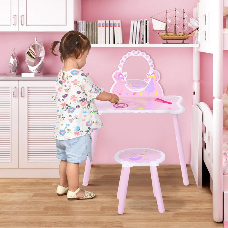 Kids Pink Wooden Dressing Table Set with Mirror & Stool