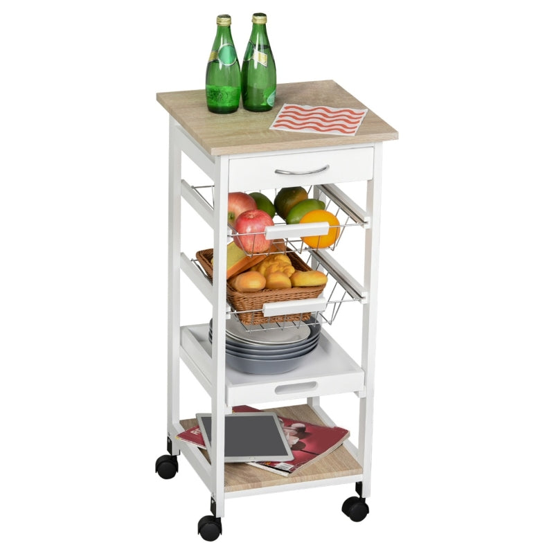 White Rolling Kitchen Island Trolley with Metal Baskets and Shelves