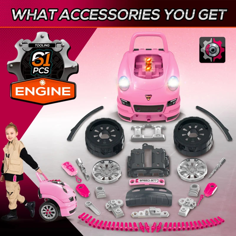 Kids Pink Truck Engine Toy Set with Horn & Light - Ages 3-5