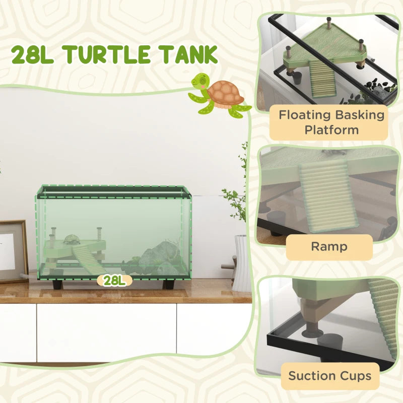 Glass Turtle Tank Aquarium with Basking Platform - 28L, Easy Drainage, Thermometer