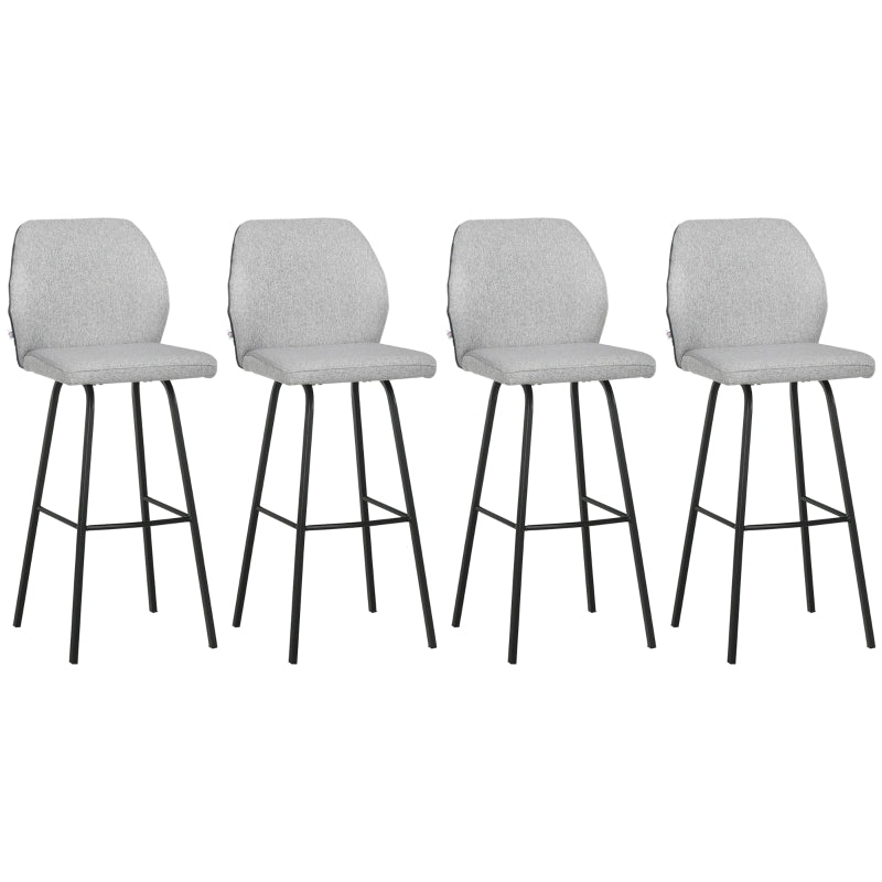 Set of 4 Light Grey Upholstered Bar Stools with Backs and Steel Legs