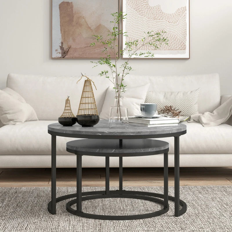 Round Industrial Nesting Coffee Table Set, Faux Marbled Top, Steel Frame, 2-Piece, Black