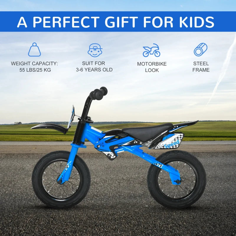 Blue 12" Kids Balance Bike, No Pedal Training Bicycle, Motorbike Style