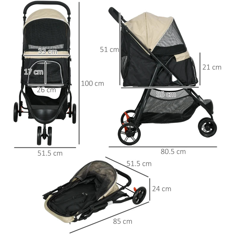 Foldable Pet Stroller with Rain Cover - Khaki, XS/S Dogs