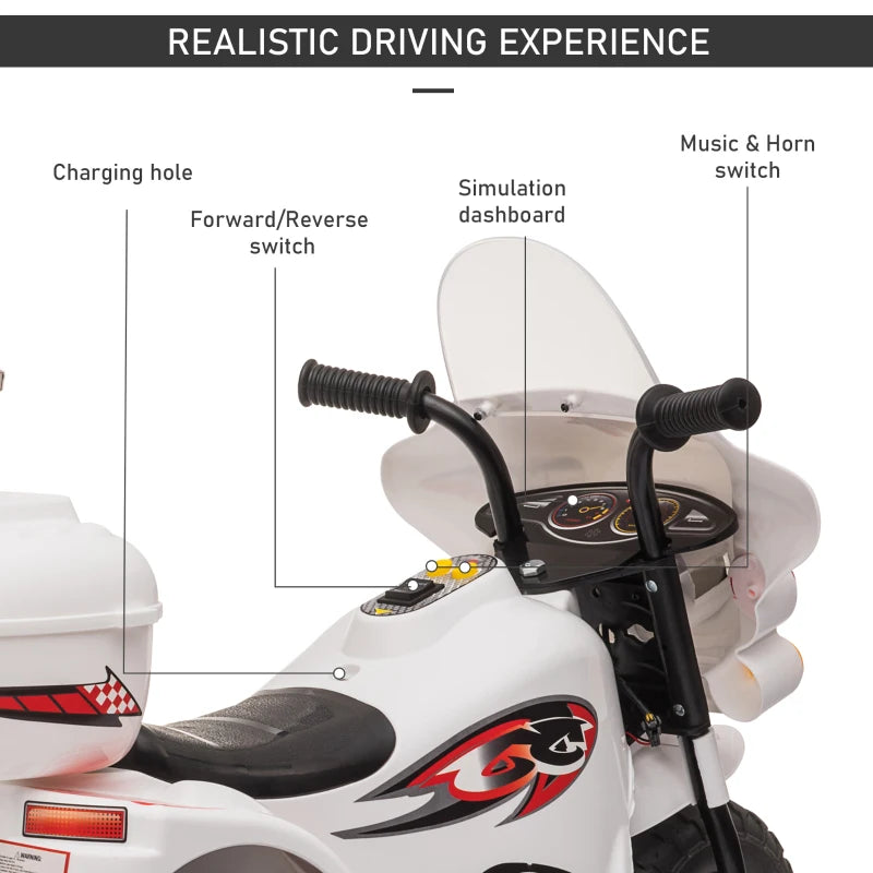 White 3-Wheel Electric Ride-On Motorcycle for Toddlers with Lights and Music