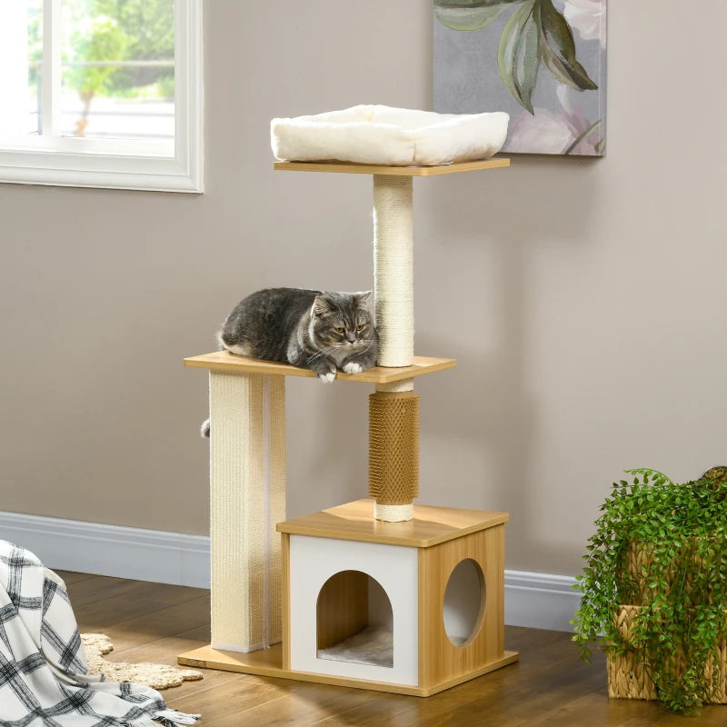 Oak Tone Cat Tree with Scratching Posts and Perches - 59.5 x 39.5 x 114cm