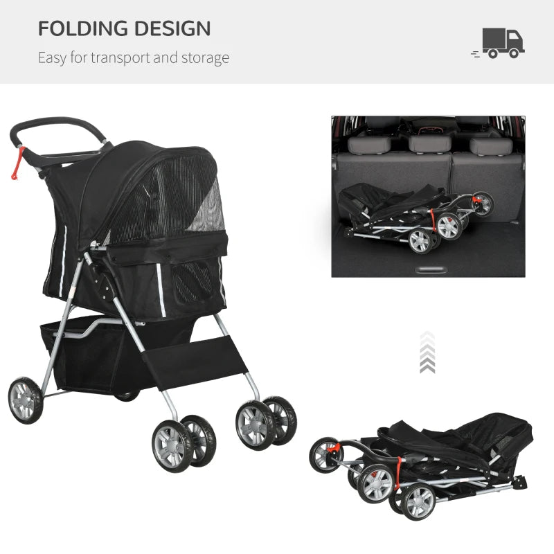 Black Pet Stroller for Small Pets - Foldable Travel Carriage with Wheels