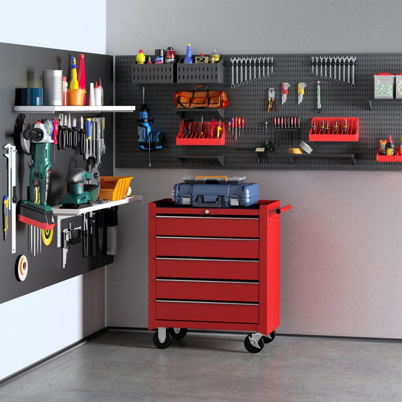 Red 5-Drawer Lockable Steel Tool Chest on Wheels with Side Handle