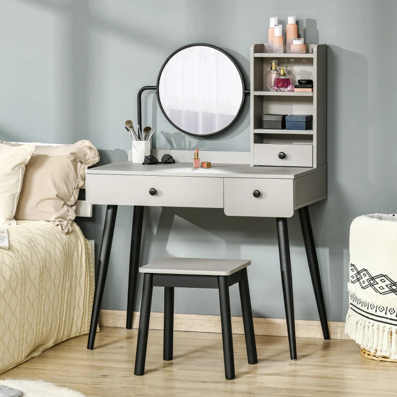 Grey Vanity Dressing Table Set with Mirror, Stool, 3 Drawers & Shelves