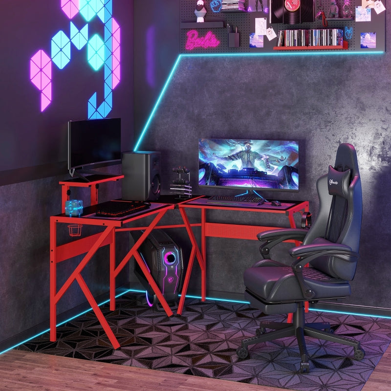 Red L-Shaped Gaming Desk with Monitor Stand and Cup Holder