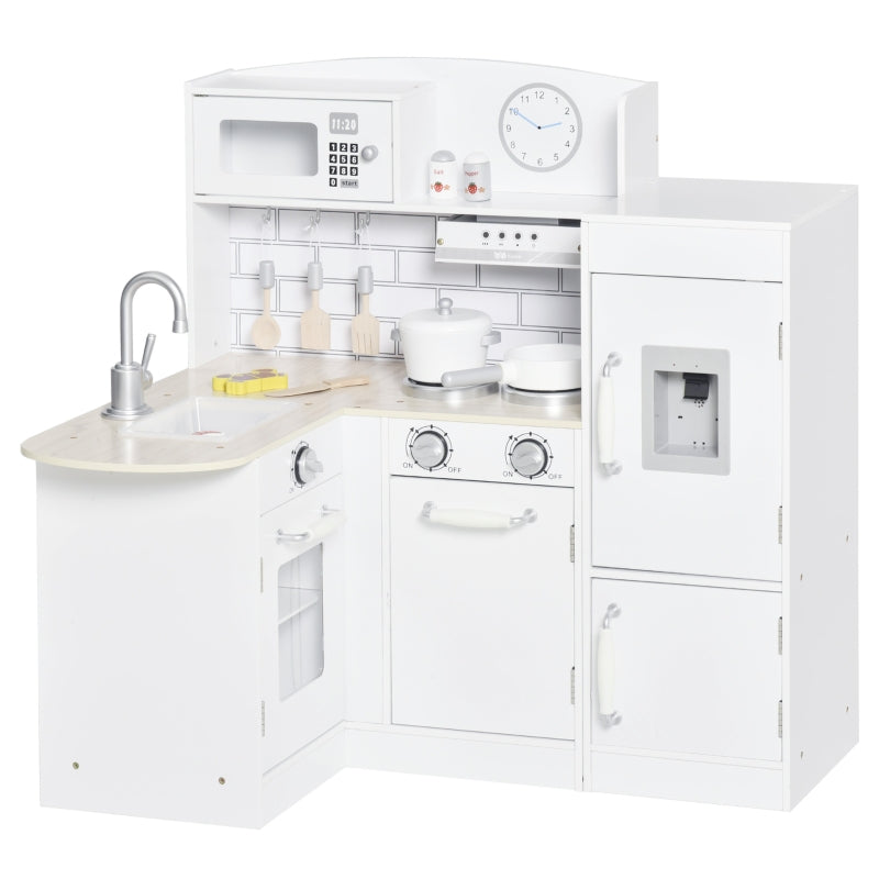 White Kids Wooden Play Kitchen Set with Microwave and Fridge