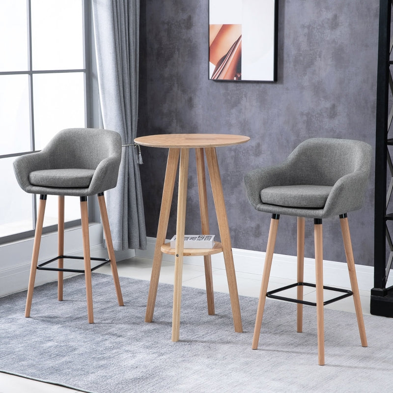 Grey Upholstered Bar Stools Set of 2 - Modern Metal Frame, Solid Wood Legs