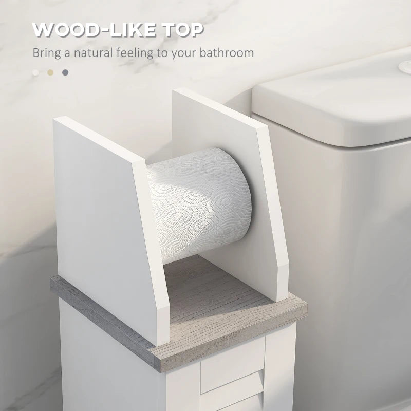 White Bathroom Floor Cabinet with Cupboard, Roll Holder & Adjustable Shelf