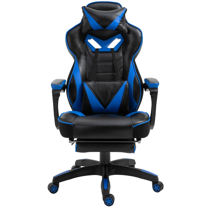 Blue Gaming Chair with Lumbar Support, Footrest, and Headrest