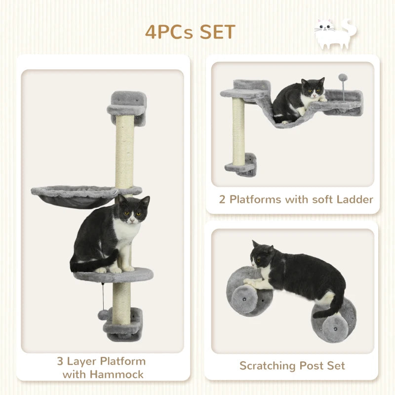 Grey Cat Wall Furniture Set with Hammock, Perches, Ladder, Scratching Post