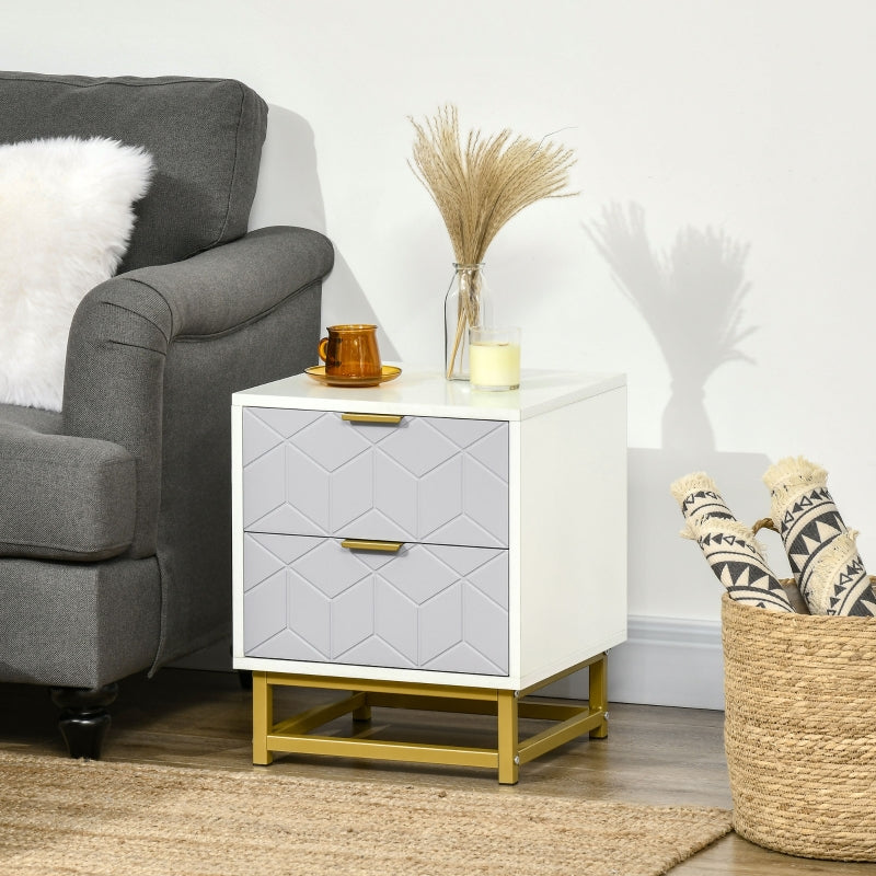 Grey and White 2-Drawer Bedside Table with Steel Frame