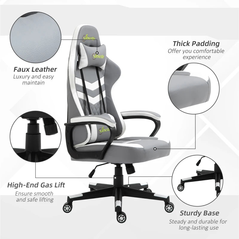 Grey White Gaming Chair with Lumbar Support and Swivel Wheels