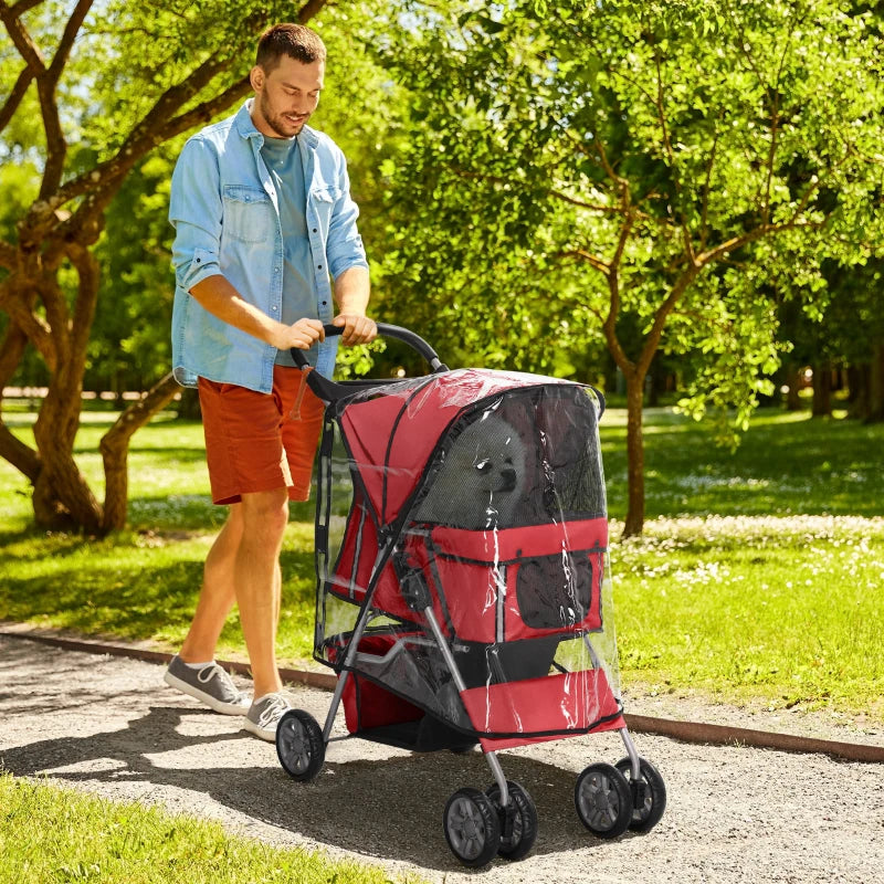 Red Dog Stroller with Rain Cover for Small Dogs