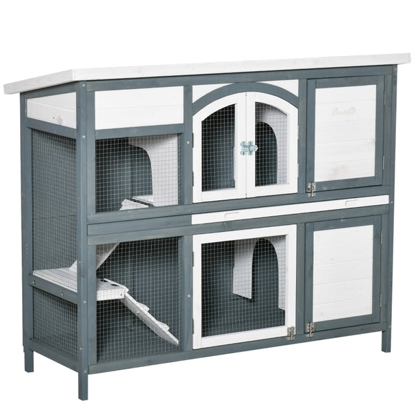 Grey 2 Tier Outdoor Rabbit Hutch with Ramp and Openable Roof