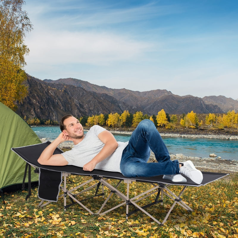 Portable Black Camping Cot with Side Pocket and Carry Bag