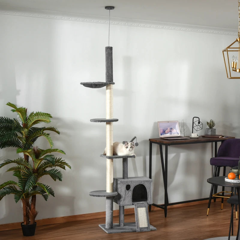 Large Grey Cat Tower - Ceiling High Multilevel Sisal Climber