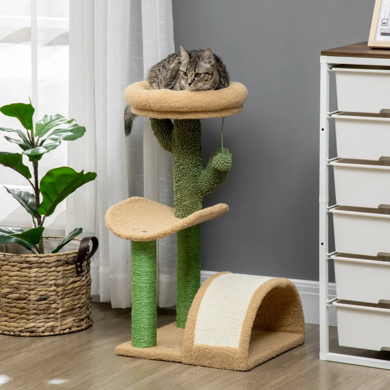 72cm Cat Tree with Top Bed, Curved Pad, Sisal Scratching Post - Beige & Green