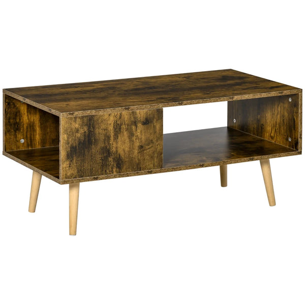 Rustic Brown Coffee Table with Open Storage Shelves and Solid Wood Legs