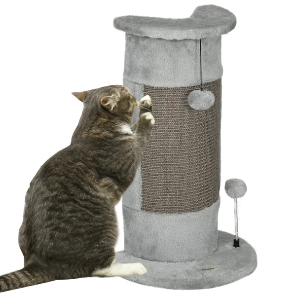 Grey Cat Scratching Post with Plush Cover and Play Balls - 58cm