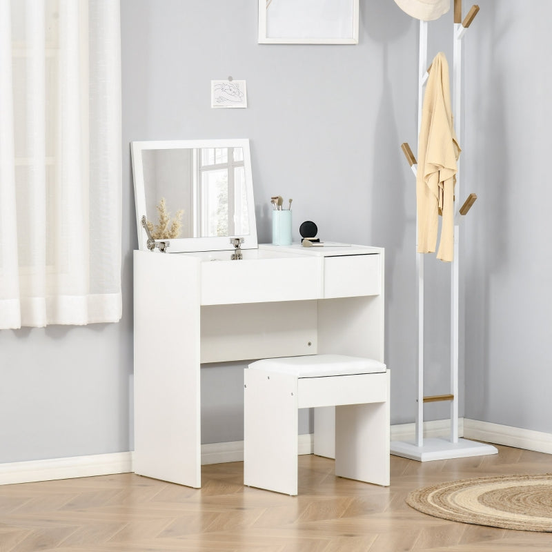 White Makeup Vanity Set with Mirror, Drawer, and Stool