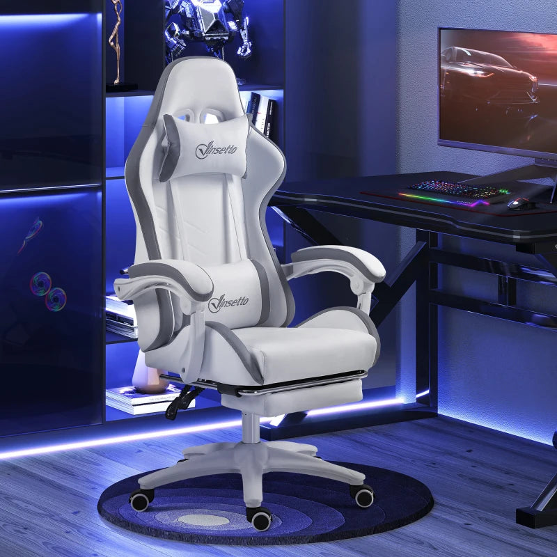 White & Grey Racing Gaming Chair with Footrest and Swivel Seat