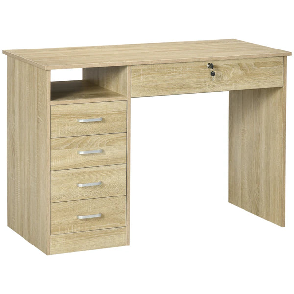 Oak Computer Desk with Lockable Drawer and Storage Shelf, 110 x 50 x 76 cm