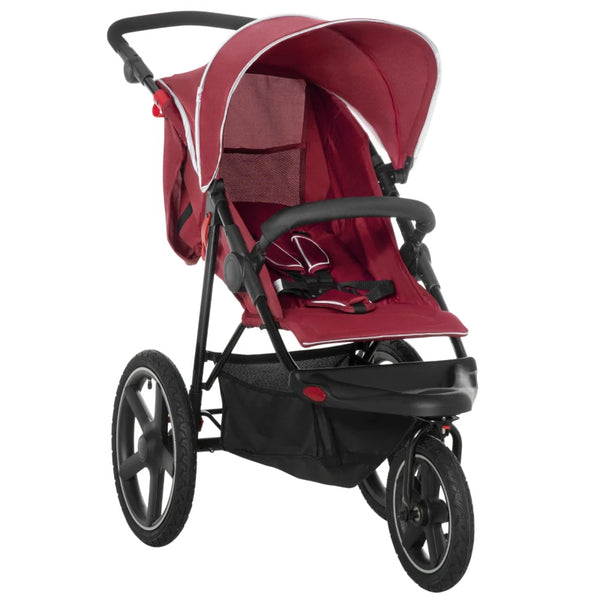 Red Foldable 3-Wheel Baby Stroller with Canopy and Storage Basket