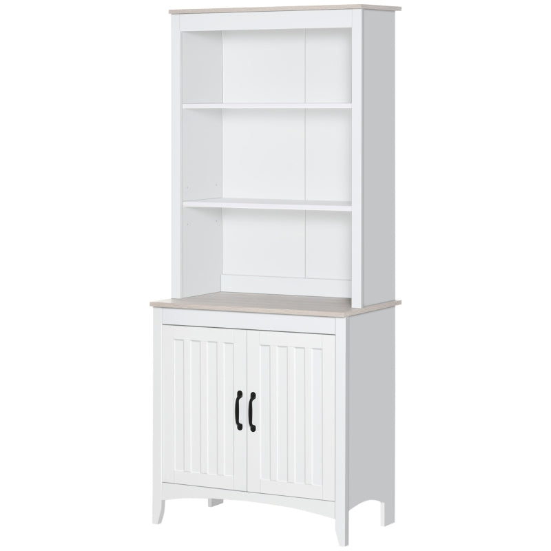 White Tall Kitchen Cupboard with 3 Open Shelves and Double Door Cabinet