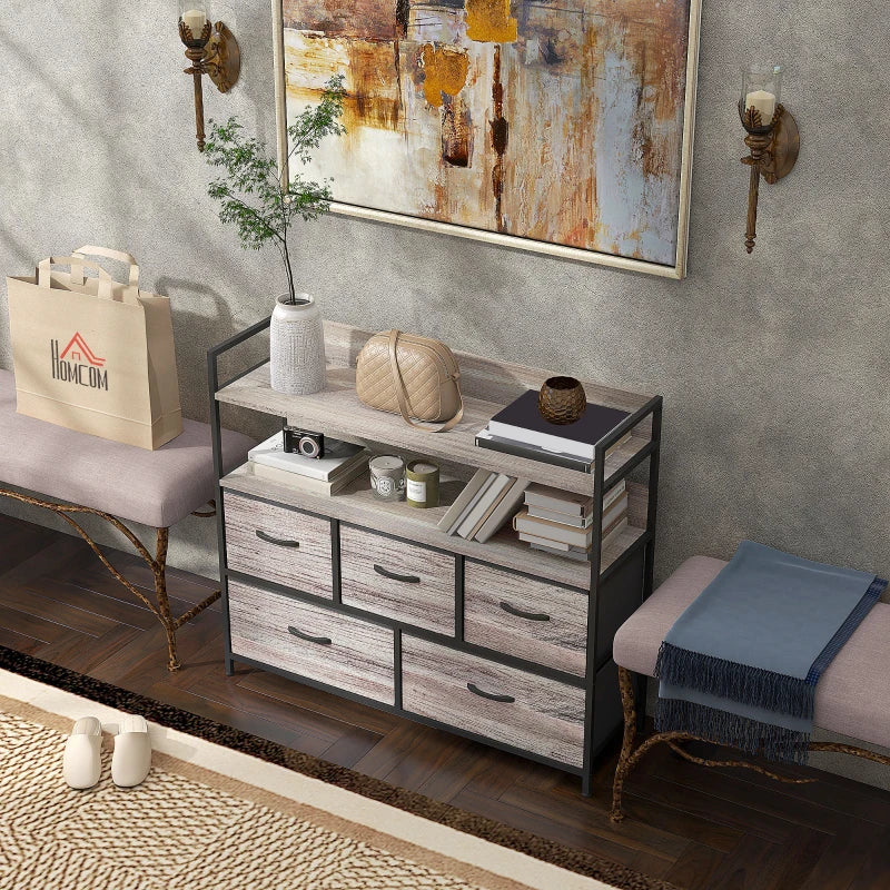 Grey Wood Effect 5-Drawer Rustic Fabric Chest