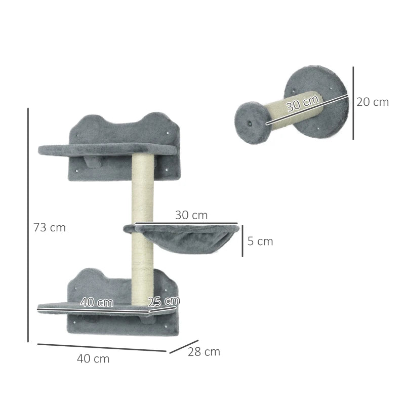 Grey Wall-Mounted Cat Tree with Scratching Post - 4 Piece Set